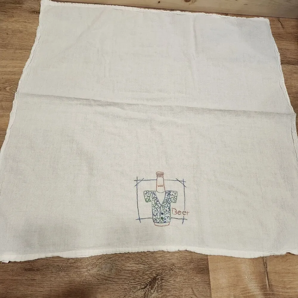 Vtg Hand Embroidered Tea Towels Set Of 2 Pina Colada & Beer 30x30 White Party